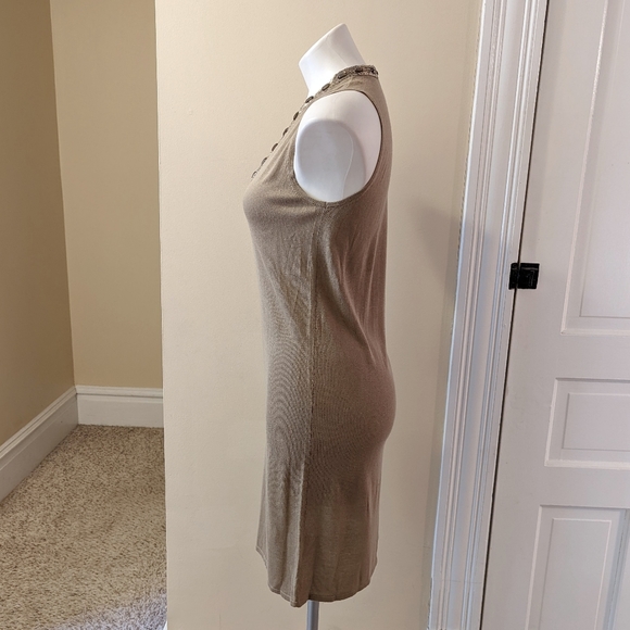 Magaschoni tan beaded neckline silk/cashmere blend tank sweater dress. - Picture 2 of 9
